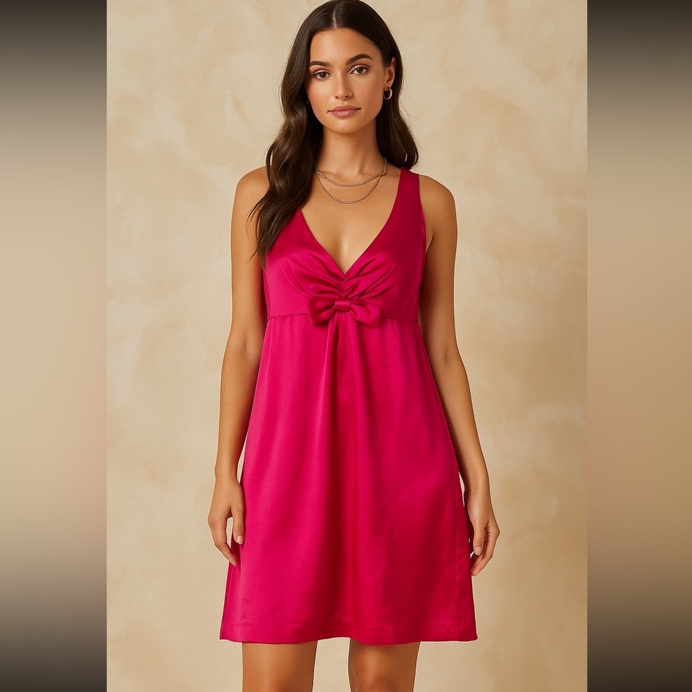 Beth Bowley Silk V-Neck Dress Size 8 Fuchsia Faux Bow Coquette Chic Vintage